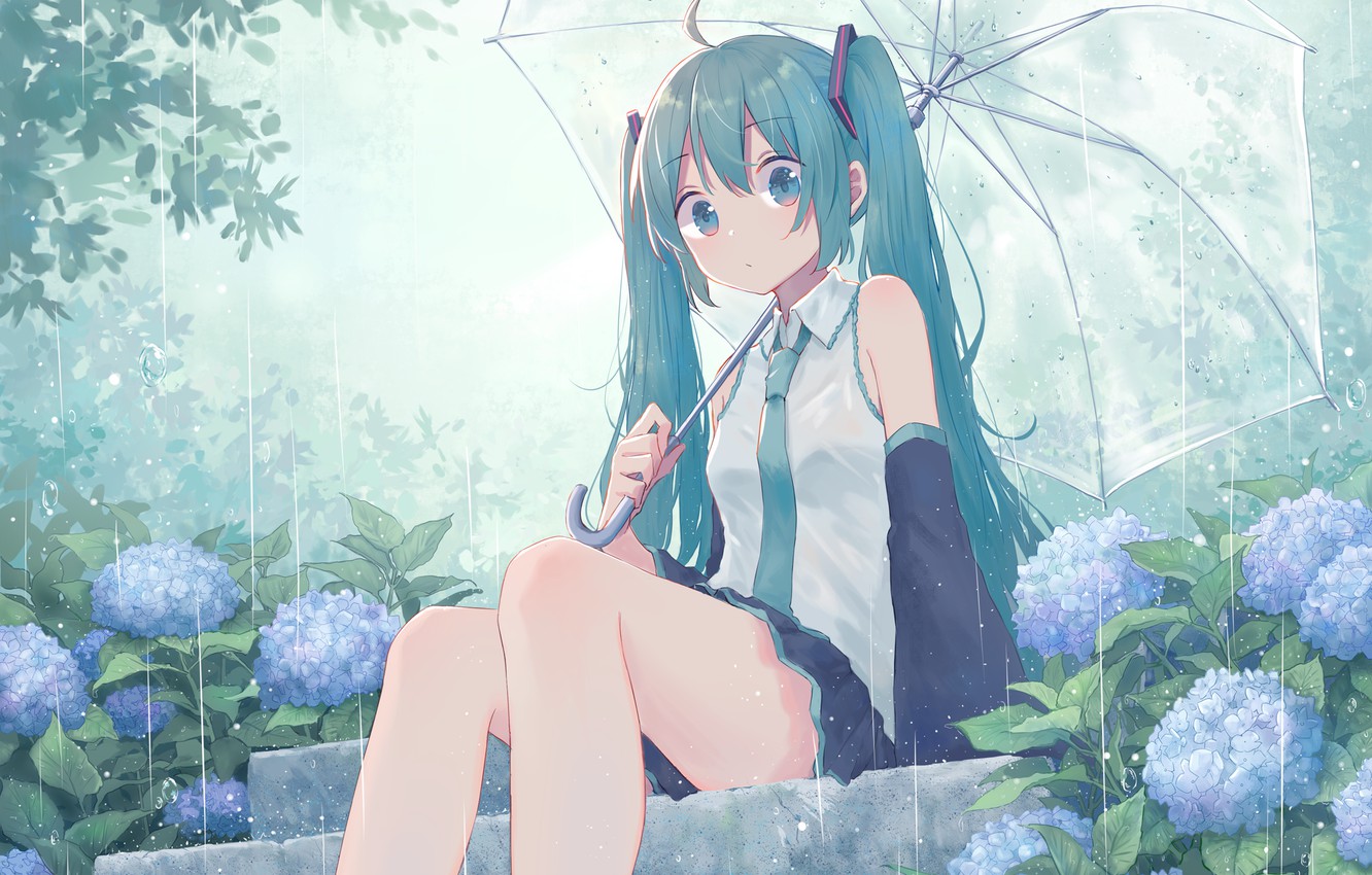 Photo Wallpaper Girl, Rain, Umbrella, Steps, Vocaloid, - Len Summers Feat Such & 来 海 - HD Wallpaper 