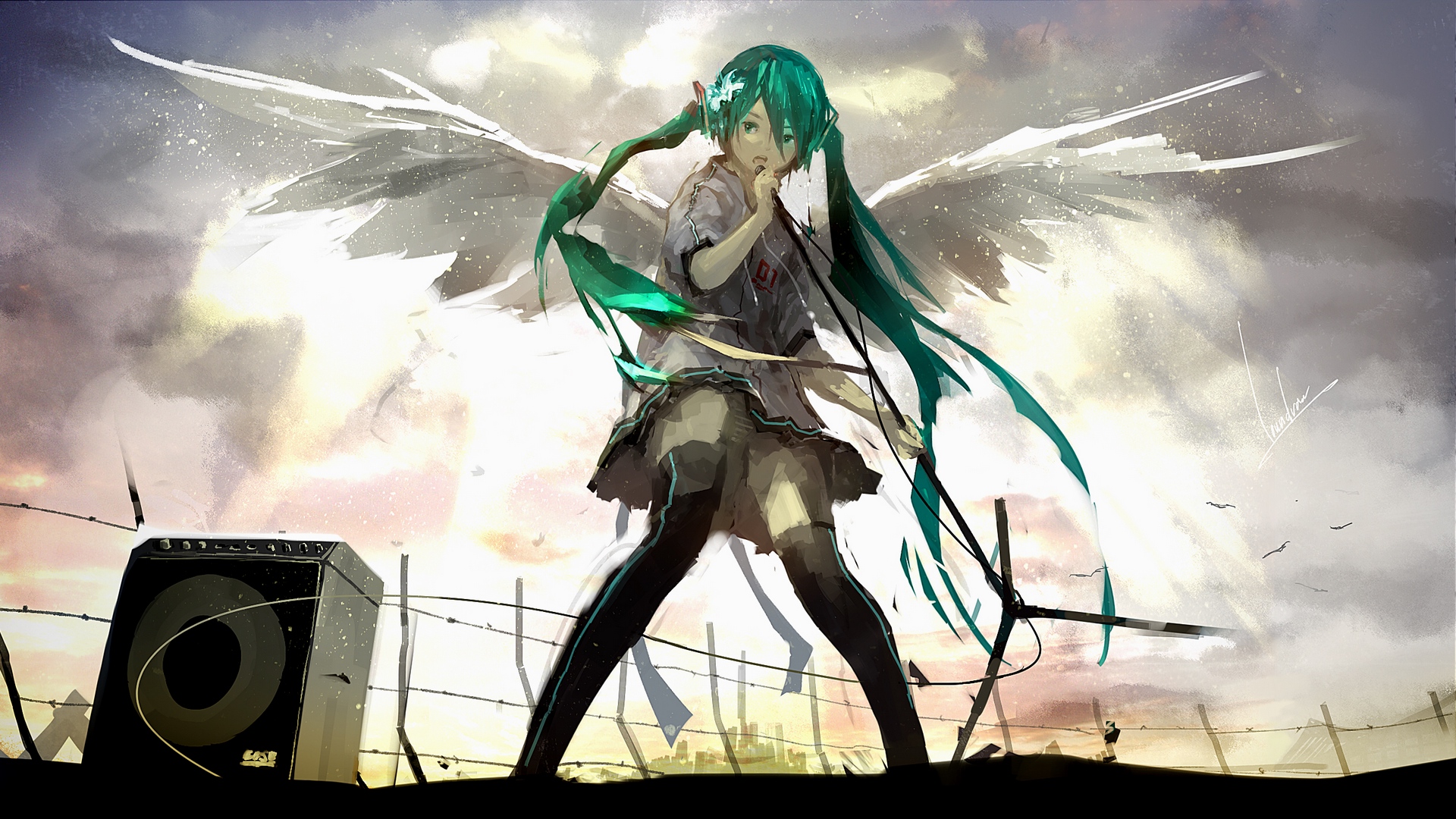 Wallpaper Vocaloid, Hatsune Miku, Wings, Microphone - Hatsune Miku - HD Wallpaper 
