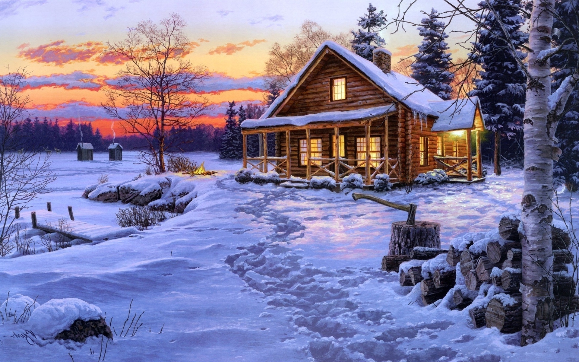 Log Cabin In Snow Wallpaper Cabin In The Winter Lake 1920x1200