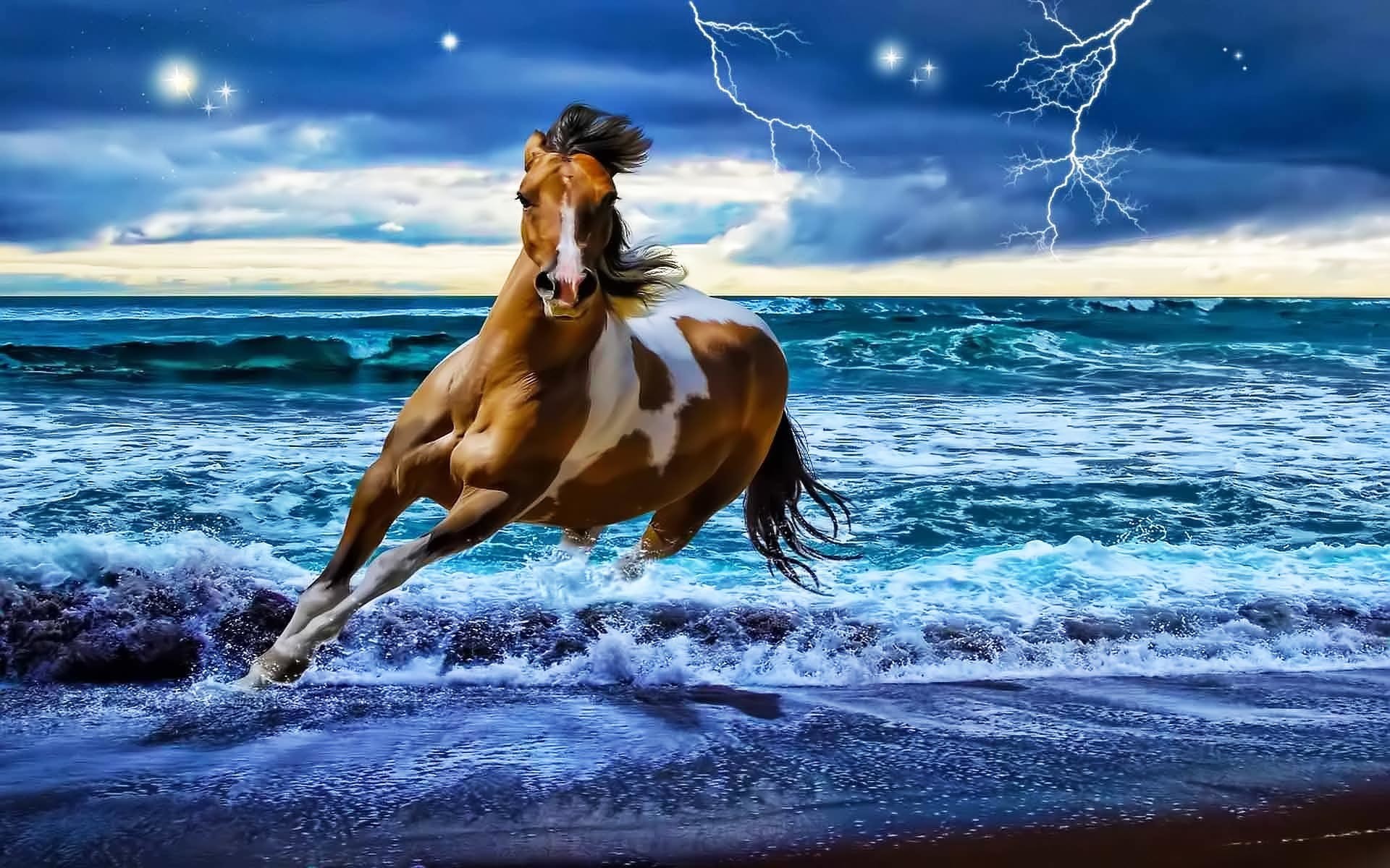 Caballo Fantastico Entre Las Olas Del Mar Bajo Un Cielo - Horse Backgrounds For Computer - HD Wallpaper 