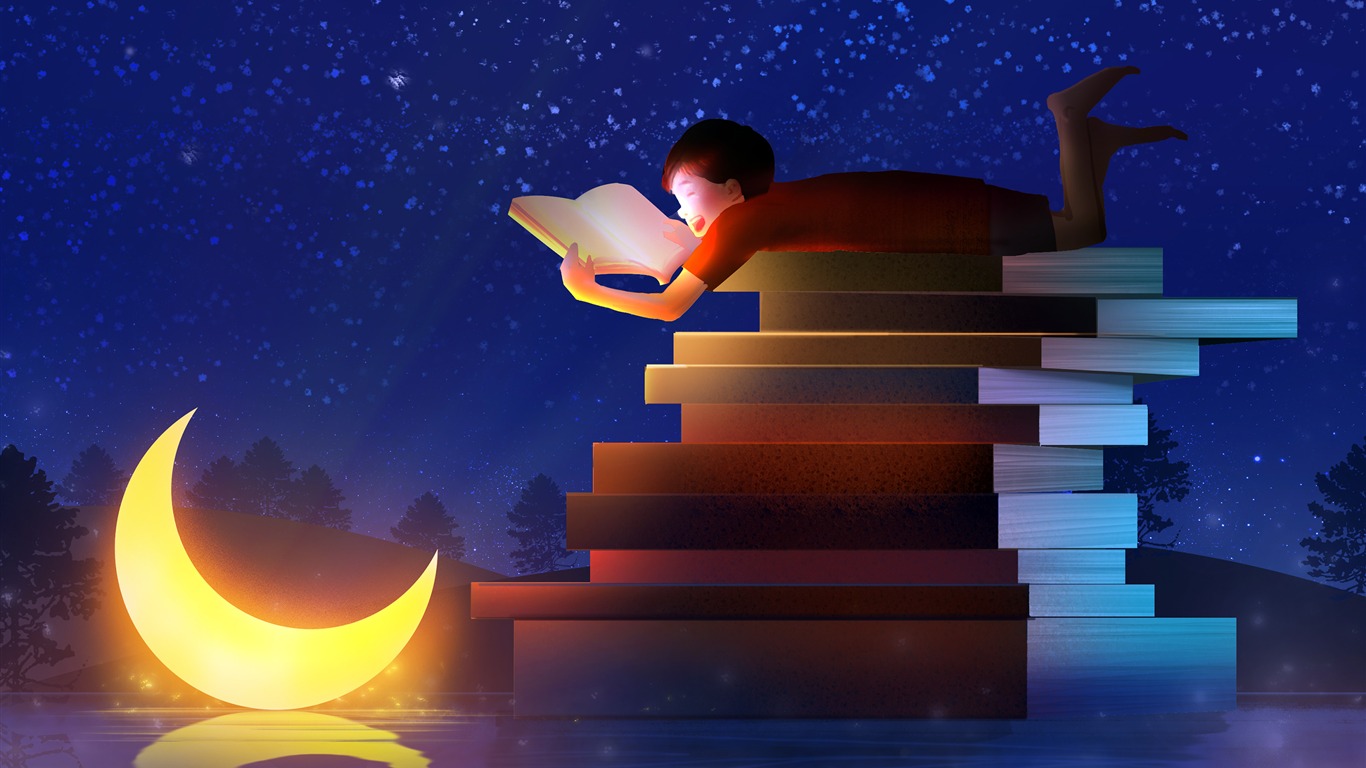 Cielo Estrellado, Luna, Lectura, Niño, Ensueño, Ilustración - Reading In Starry Night - HD Wallpaper 