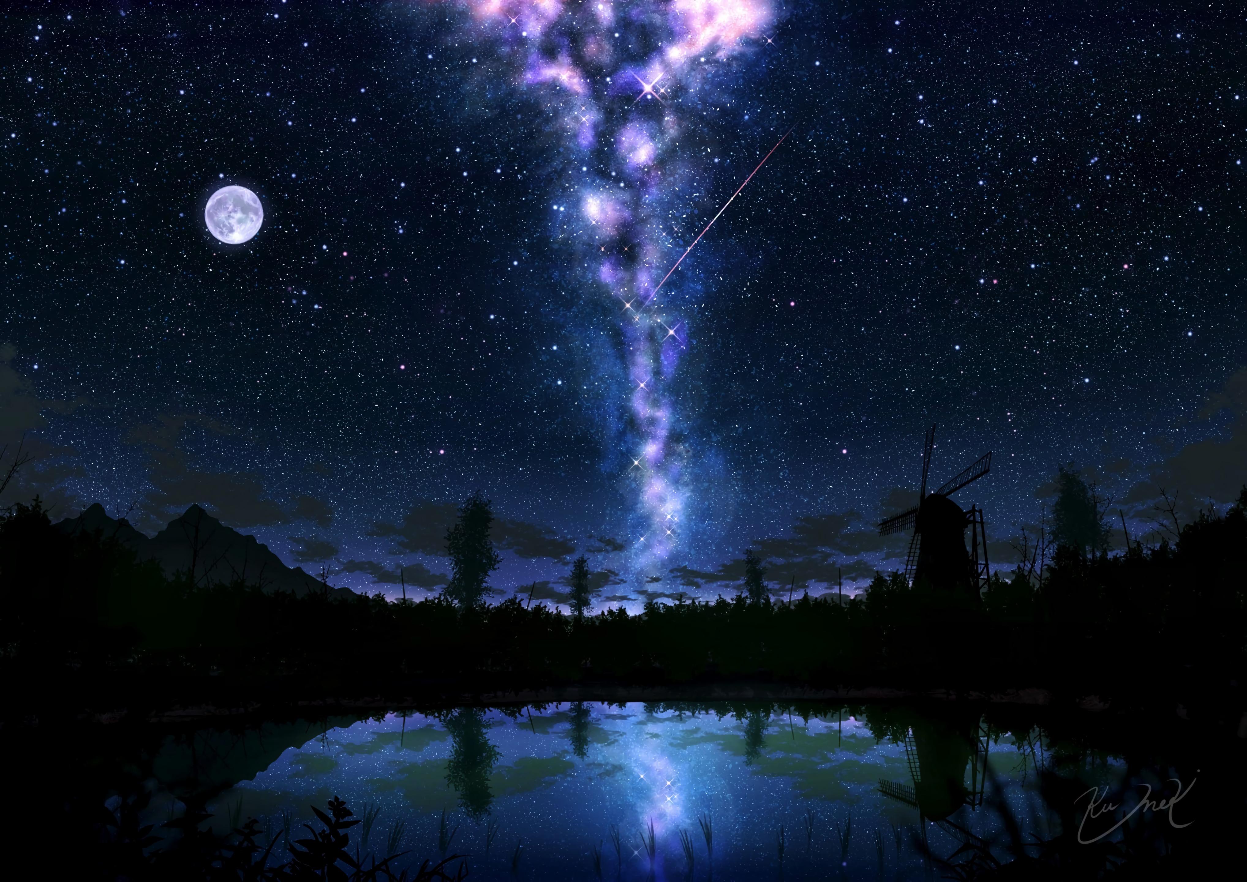 Cielo Estrellado, Resplandor, Arte, Oscuro, Lago, Reflejo - Laptop Galaxy Wallpaper Dark - HD Wallpaper 