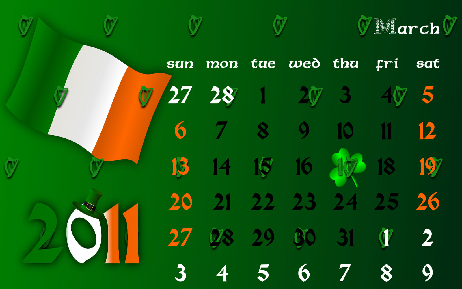 St Patricks Day March 2011 Calendar Wallpaper - St Patrick's Day 2011 - HD Wallpaper 