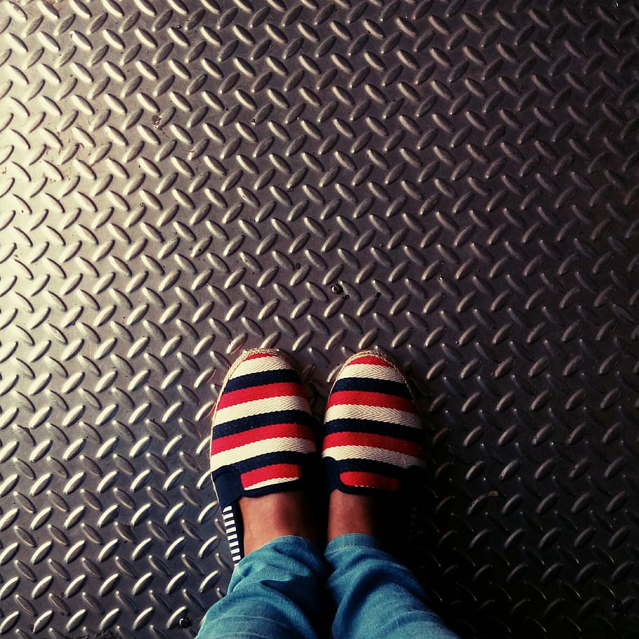 Person Wearing Red And Multicolored Slip On Shoes Standing - Shoe - HD Wallpaper 