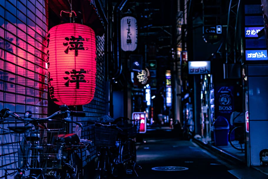 Japanese Lantern Over City Bike At Nighttime, Red And - HD Wallpaper 