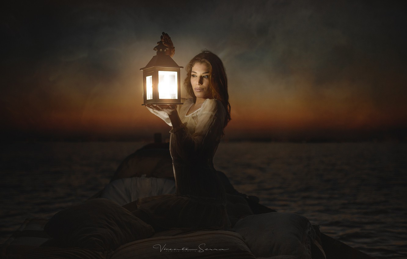 Photo Wallpaper Girl, Night, Lake, Boat, Lantern - Girls With Night Lanterns - HD Wallpaper 