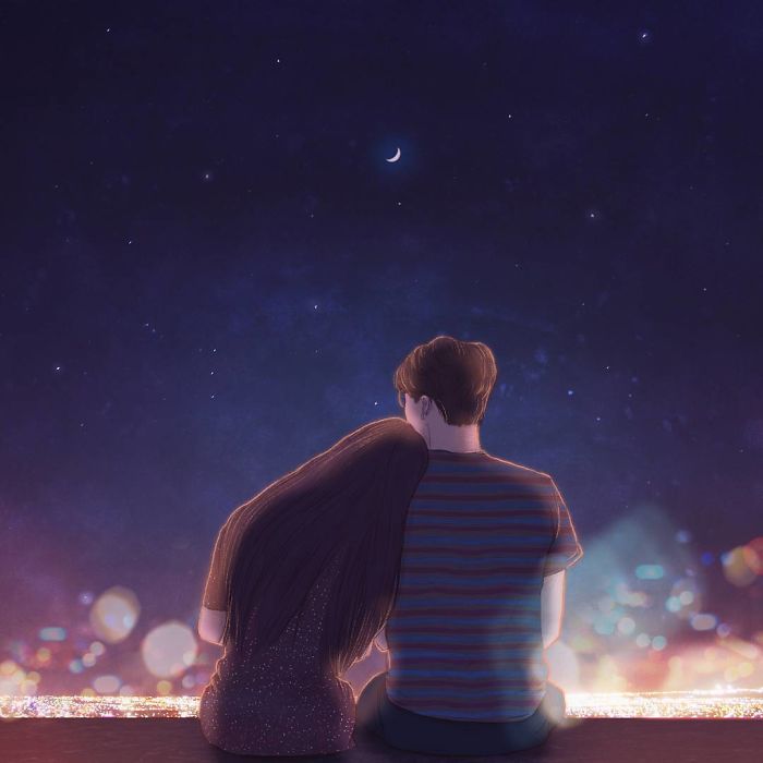 Ilustrasi Suami Istri © 2017 Jeong Hyocheon - Couple Sitting On Roof At Night - HD Wallpaper 