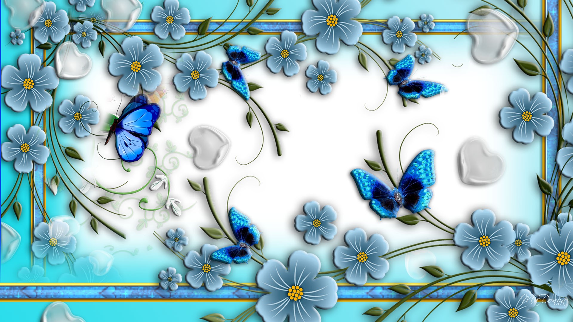Cute 3d Butterfly Desktop Wallpapers - Blue Wedding Frame Background Png - HD Wallpaper 