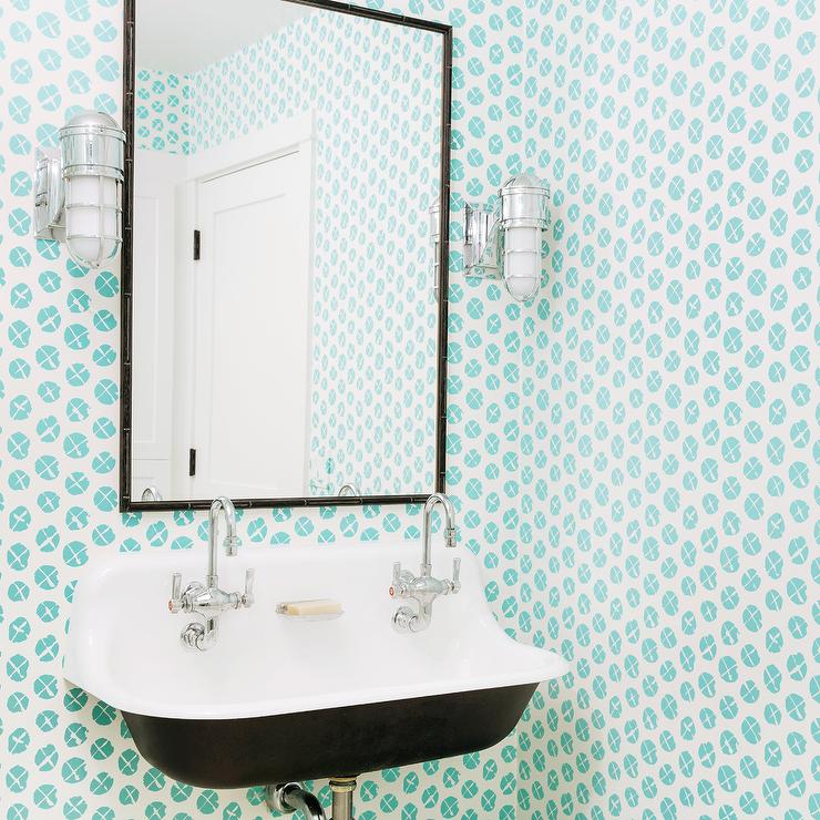 Aqua Blue Wallpaper In Powder Room - Bathroom Sink - HD Wallpaper 