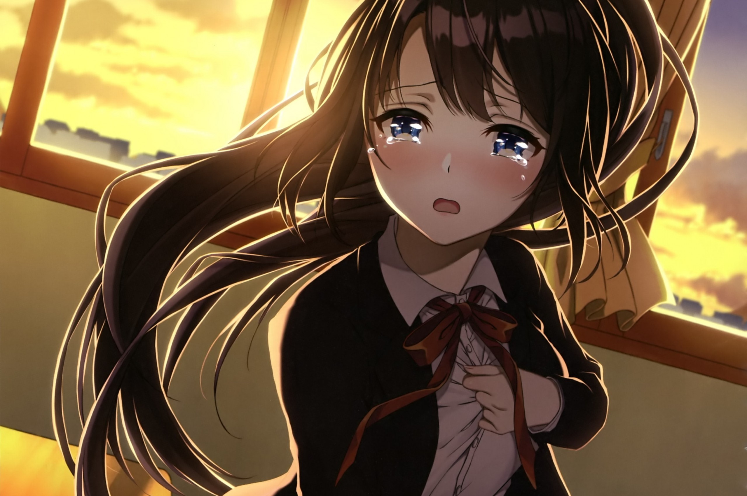 Anime Girl, Crying, Classroom, Sad Face, Brown Hair, - Sad Anime Girl Crying  - 2560x1700 Wallpaper 