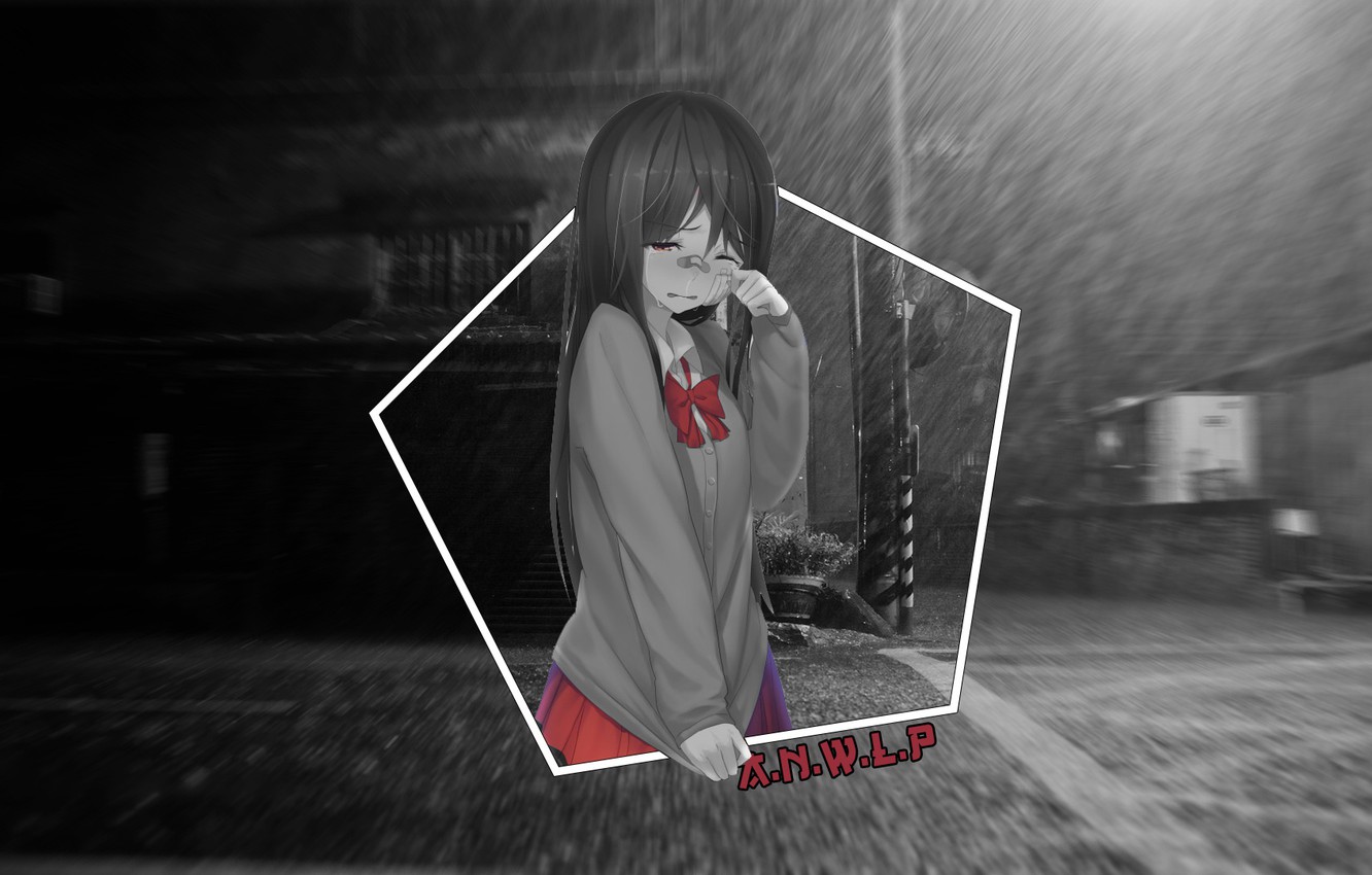 Photo Wallpaper Girl, Rain, Street, Anime, Crying, - Аниме Тян Под Дождем - HD Wallpaper 