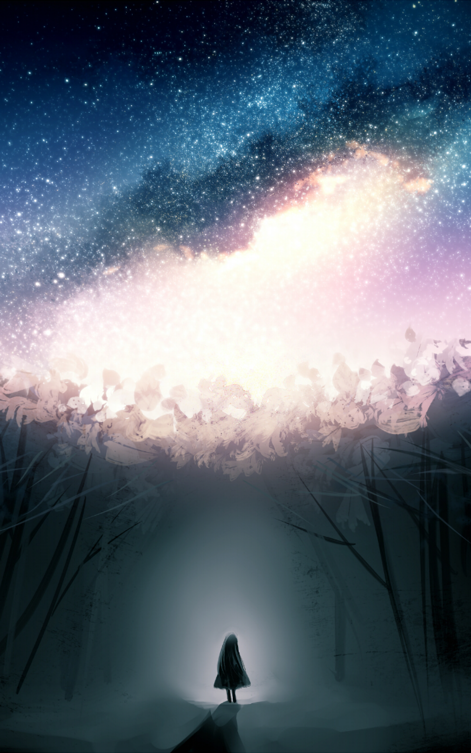 Stars, Dark Forest, Fantasy Girl, Alone - Alone 3d Wallpaper Girl -  1600x2560 Wallpaper 