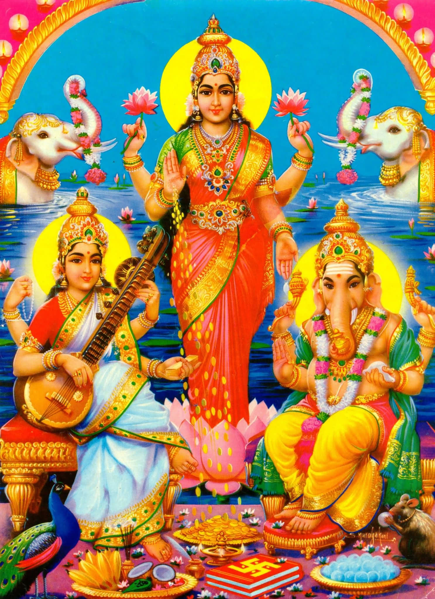 Image Of Maa Saraswati, Lakshmi Mata And Lord Ganesha - Laxmi Mata Ganesh Saraswati - HD Wallpaper 