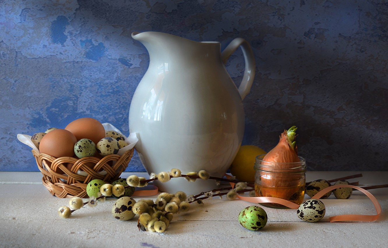Photo Wallpaper Table, Lemon, Basket, Eggs, Bow, Dishes, - Still Life Photography - HD Wallpaper 
