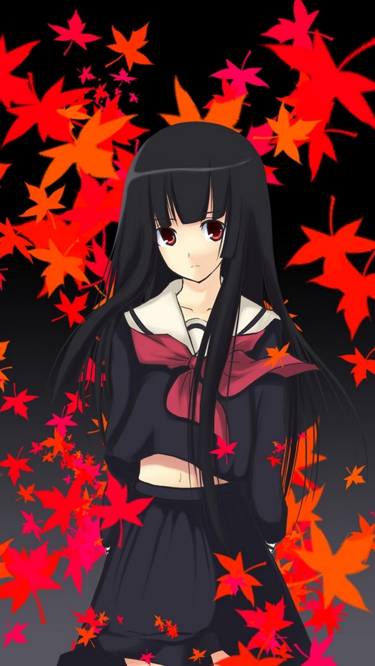 Wallpaper Enma Ai Jigoku Shoujo, Girl, Brunette, Leaves - HD Wallpaper 