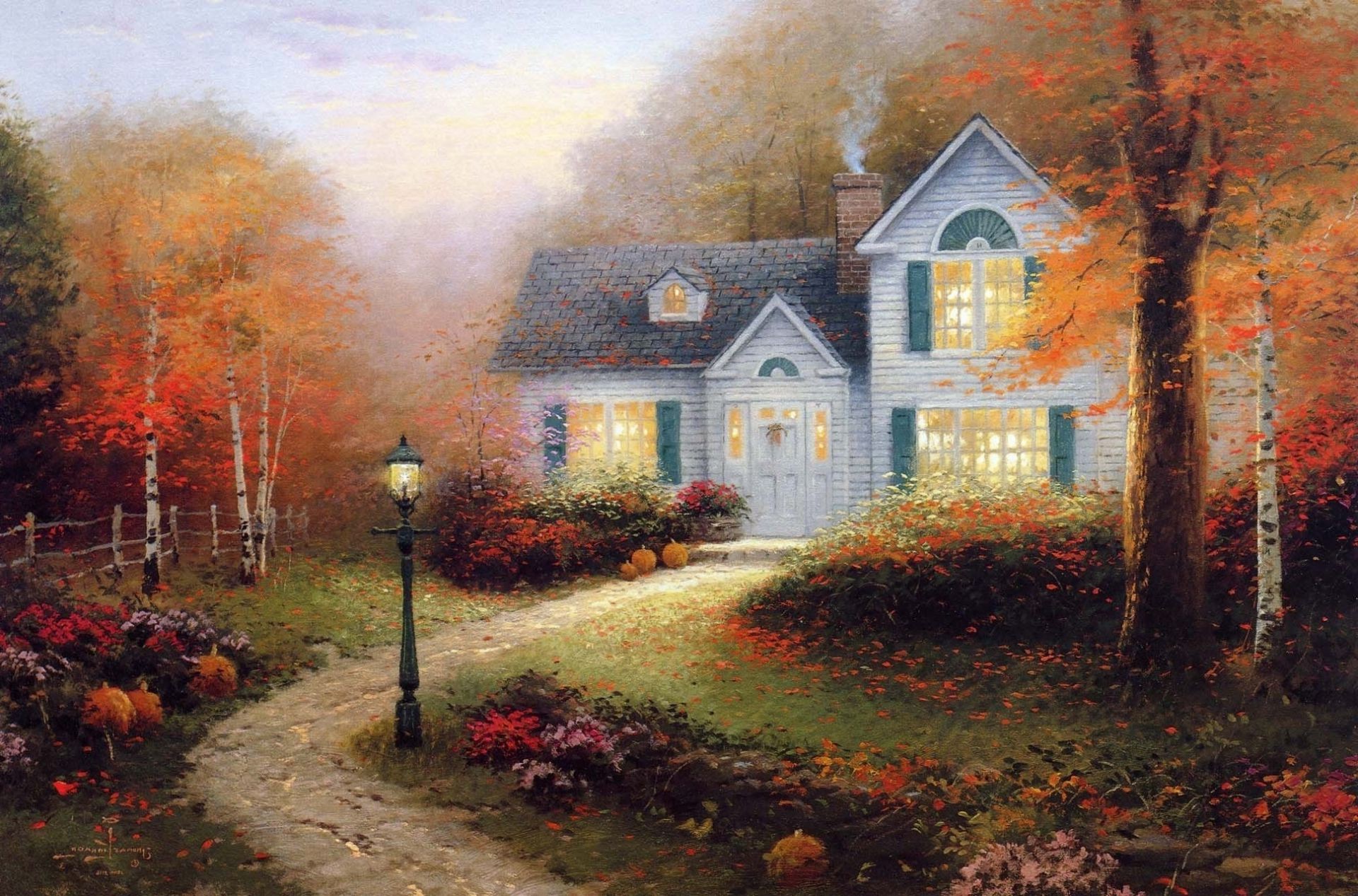 Autumn Tree Fall Home House Landscape Thomas Kinkade Autumn