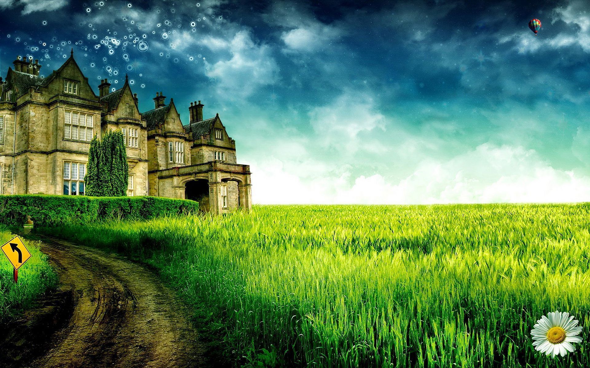 Field Dreamy Wallpaper - Mansion In A Field - HD Wallpaper 