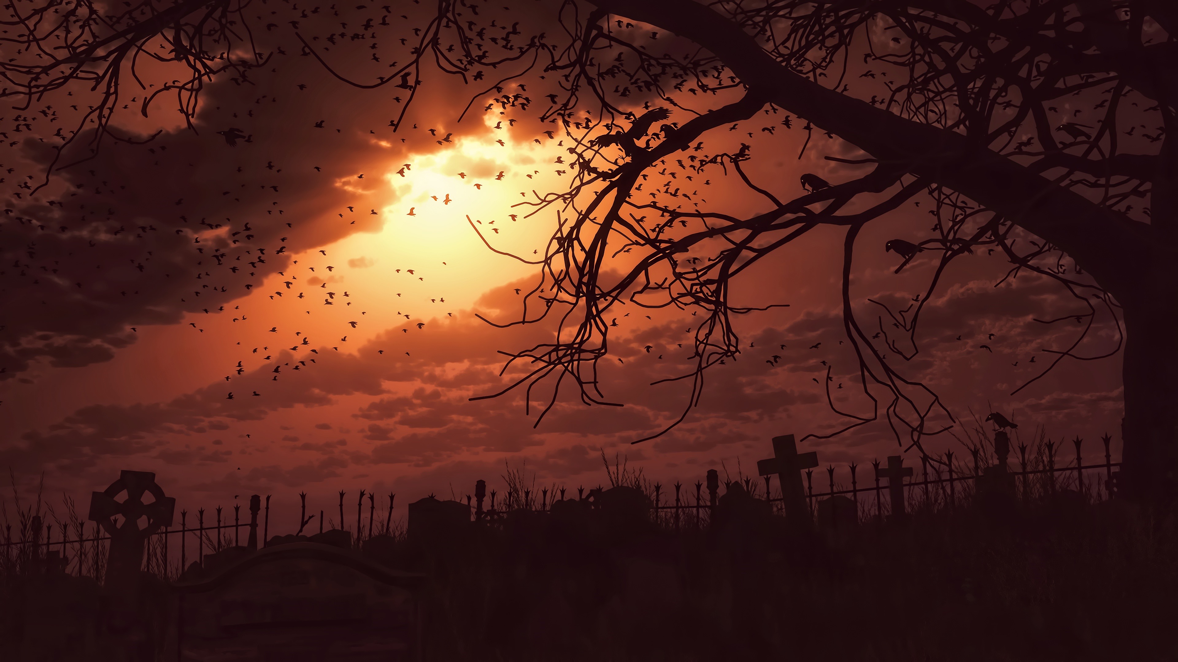 Wallpaper Night, Darkness, Cemetery, Crows, Terror, - Cemetery Fan Art - HD Wallpaper 