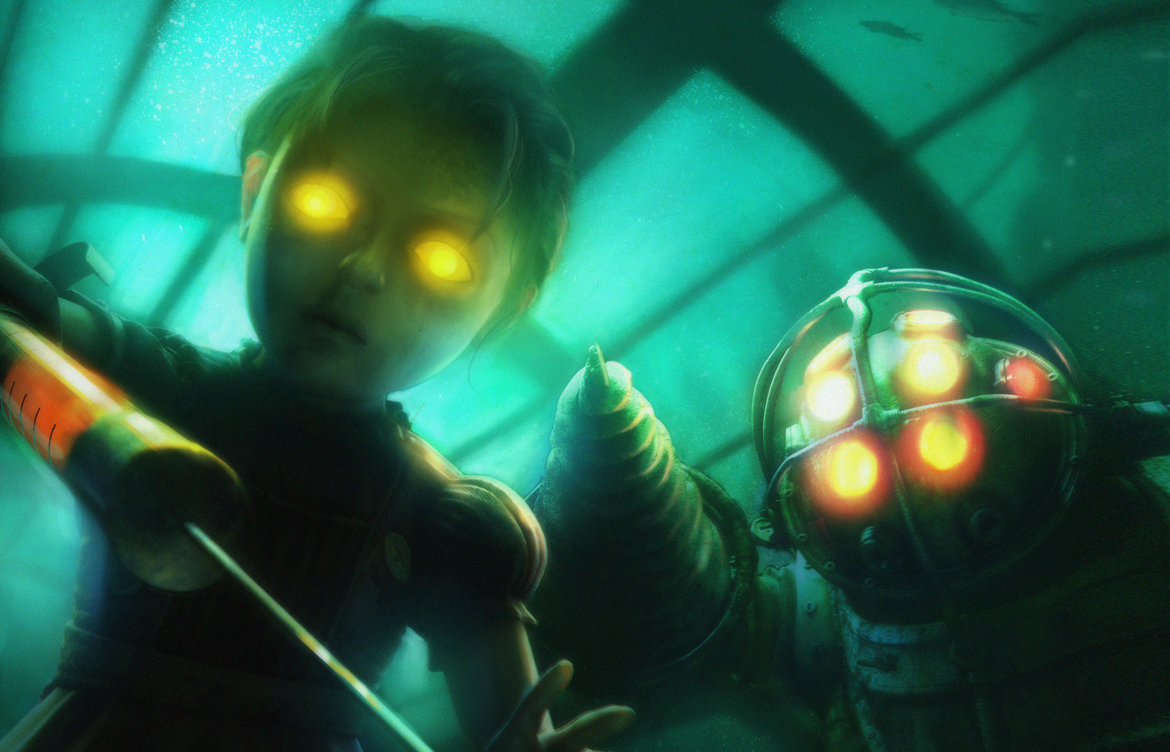 Bioshock 1 Little Sister And Big Daddy - HD Wallpaper 