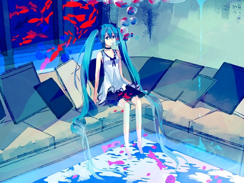 Wallpaper Vocaloid, Hatsune Miku, Art, Girl, Furniture - Hatsune Miku - HD Wallpaper 