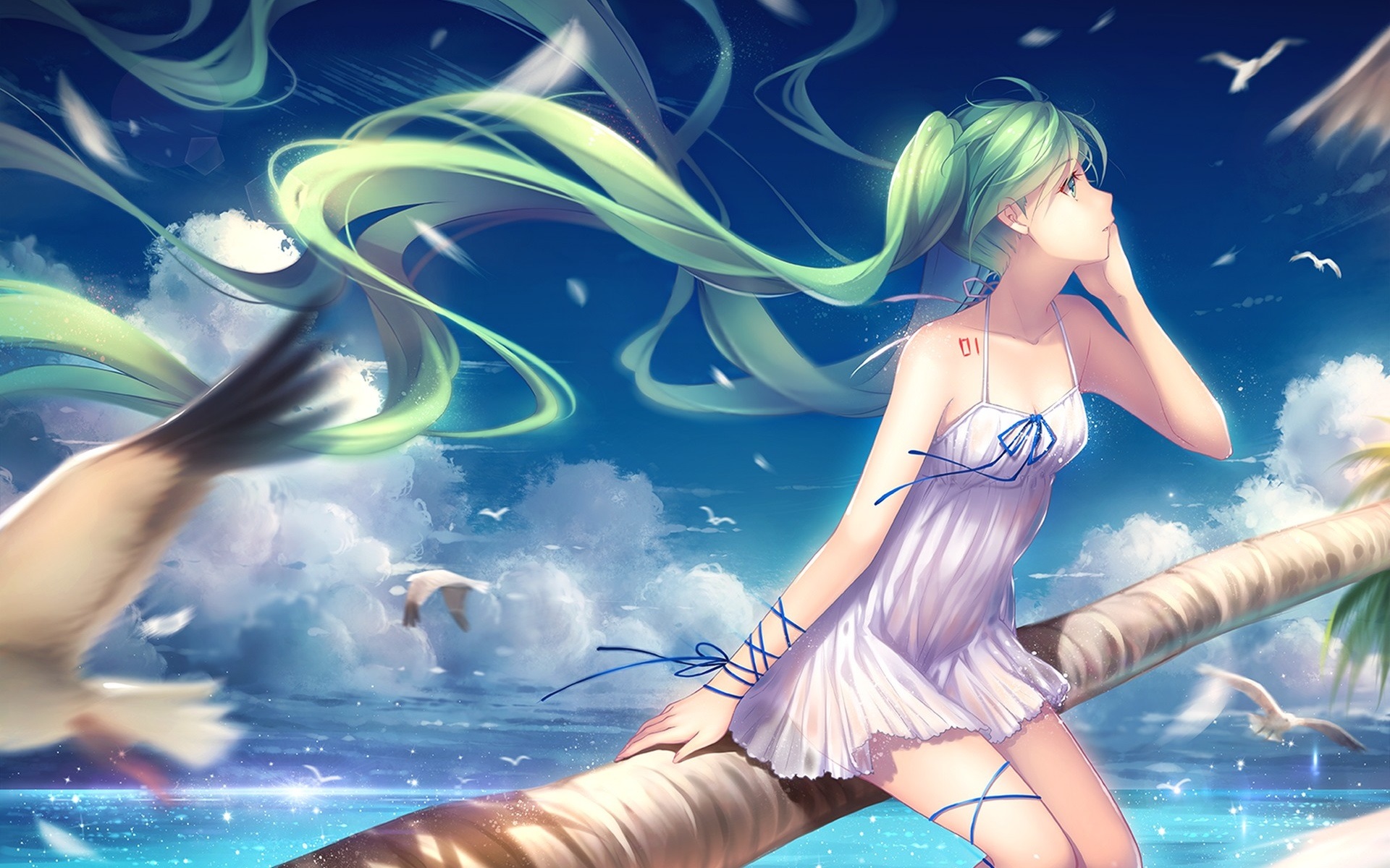 Wallpaper Hatsune Miku, Green Hair Anime Girl, Seagulls, - Anime Girl With Sea Green Hair - HD Wallpaper 