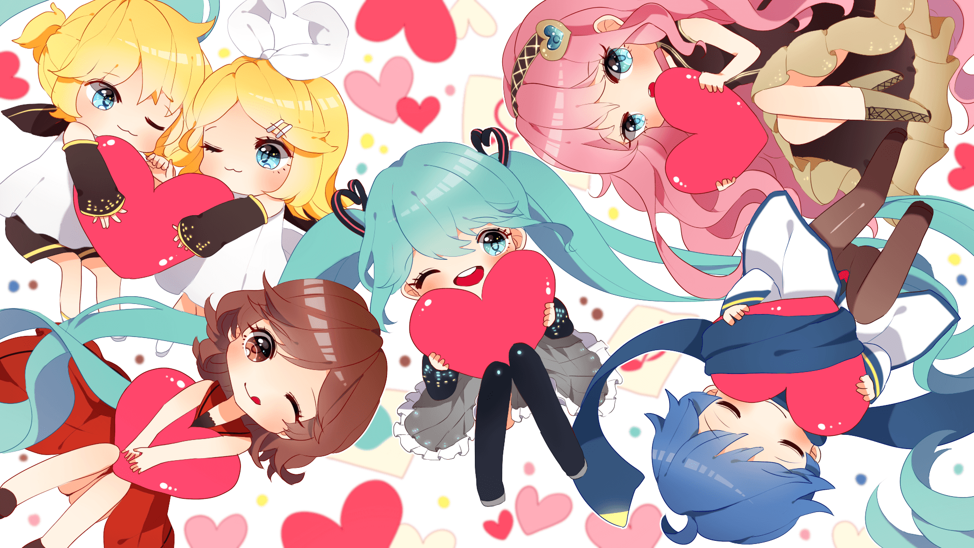 Chibi Group Vocaloid Full Hd Wallpaper And Background - Miku Rin Len Luka Kaito Meiko Chibi - HD Wallpaper 