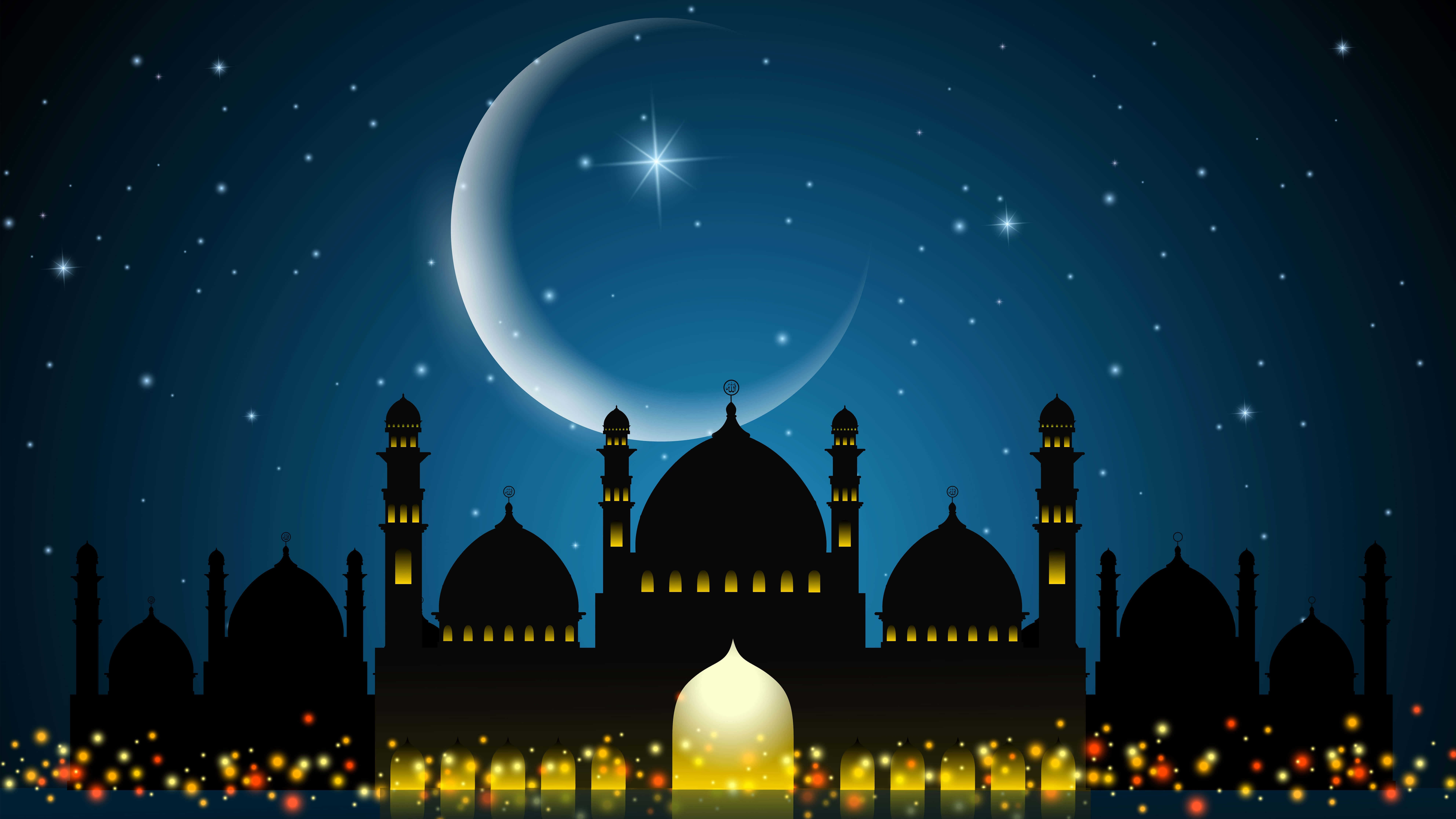 Mosque And Moon During Ramadan Uhd 8k Wallpaper - Background Hari Raya