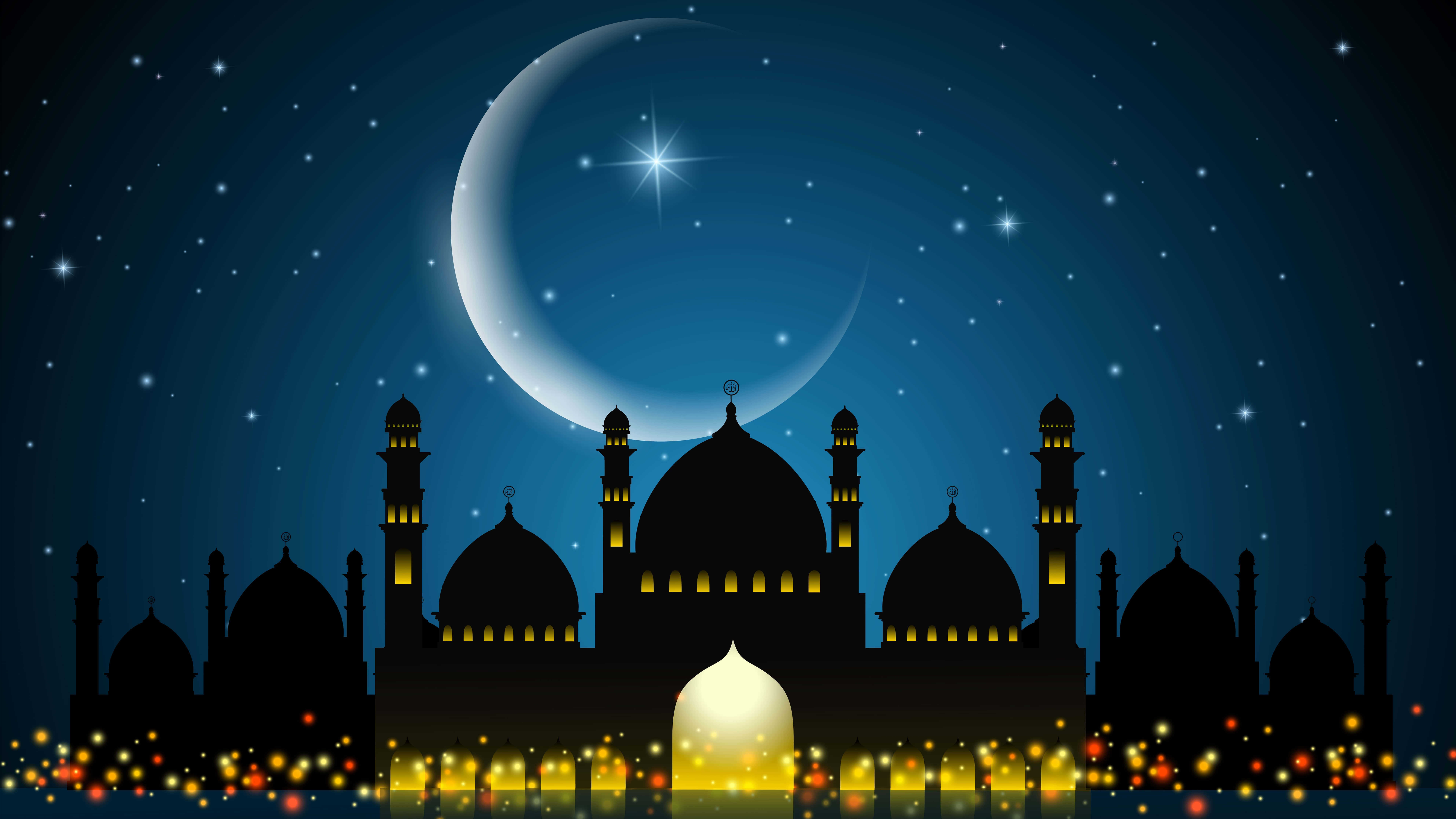 Mosque And Moon During Ramadan Uhd 8k Wallpaper - Background Hari Raya Idul Fitri Hd - HD Wallpaper 