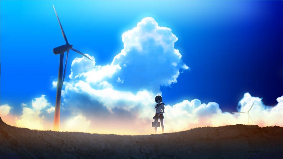 Anime Girls, Wind Turbine, Nature, Cloud Wallpaper,anime - Anime Girl Wind Turbine - HD Wallpaper 