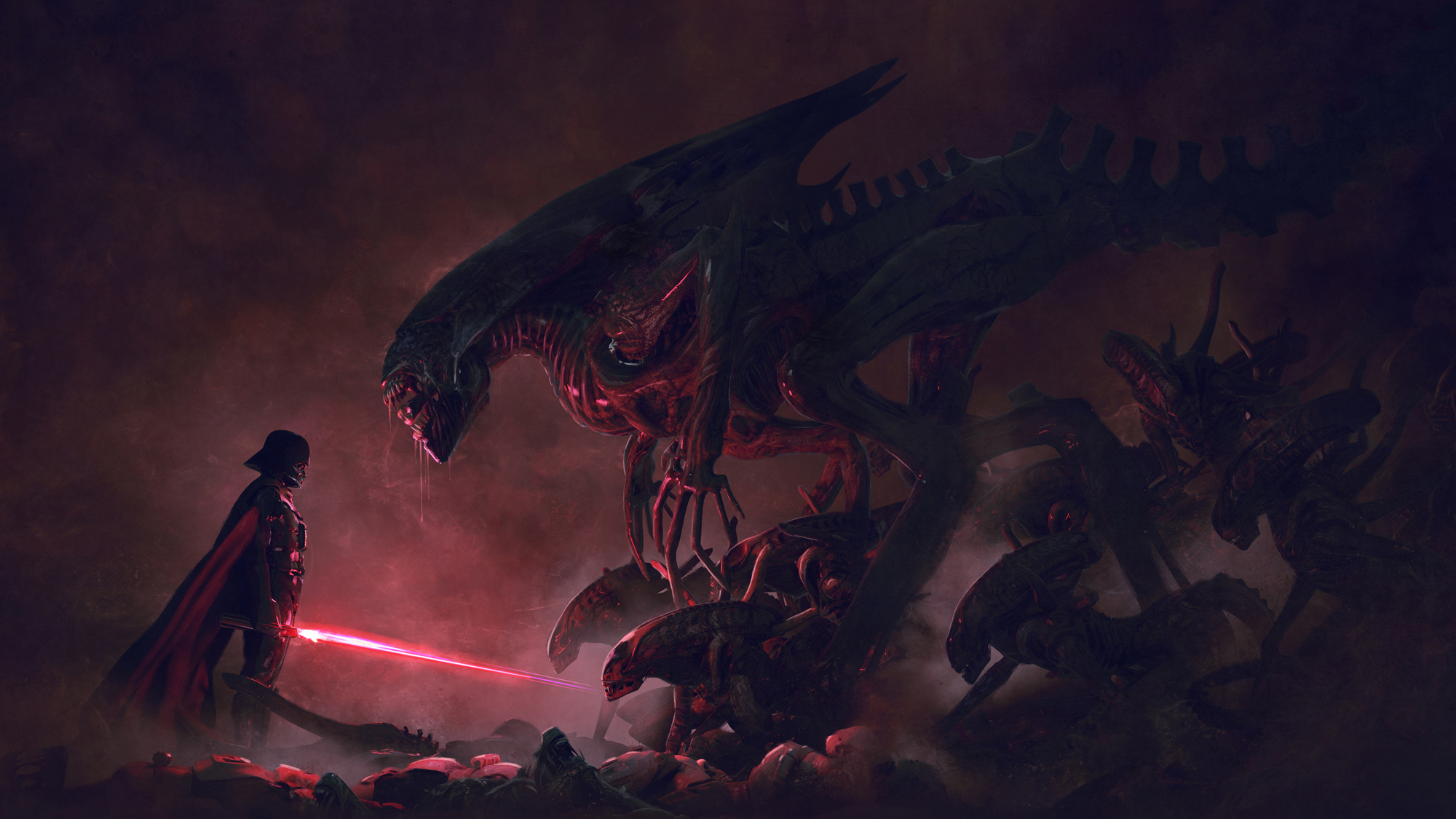 Darth Vader Vs Xenomorph Queen - HD Wallpaper 