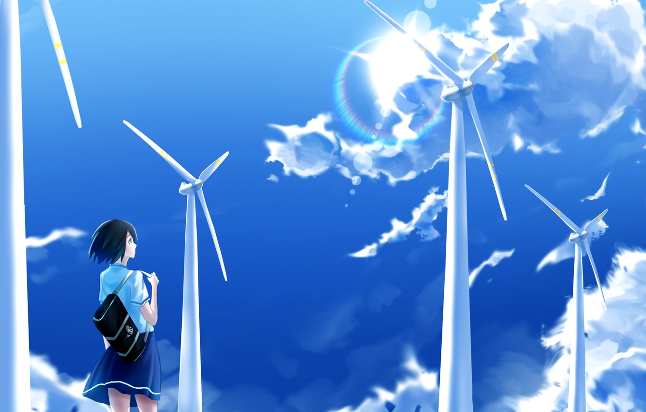 Photo Wallpaper The Sky, Girl, Clouds, Wind Turbines - Wind Turbine Anime - HD Wallpaper 