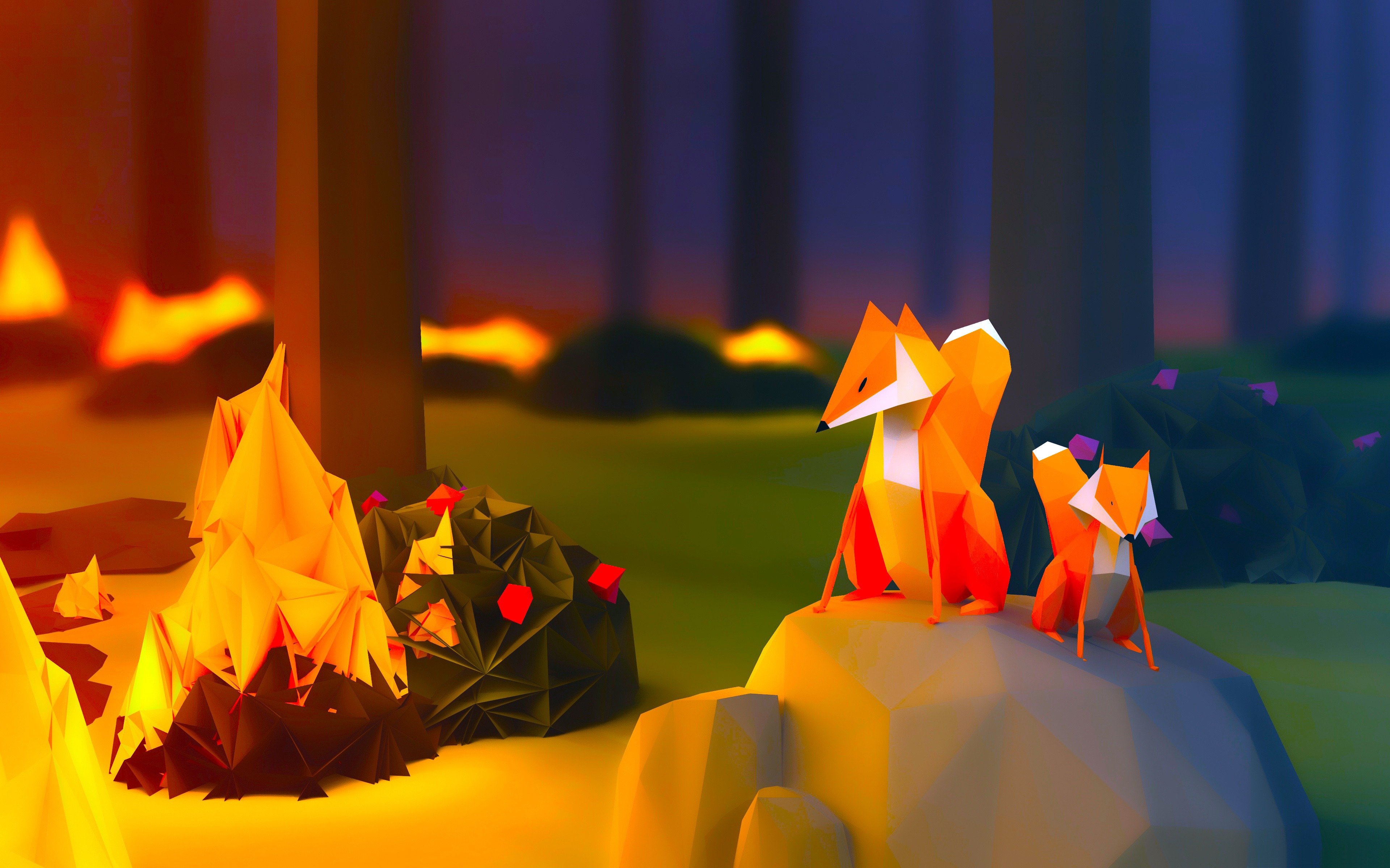 Foxes, 4k, Low Poly Art, Forest, Mother And Cub, 3d - Origami Wallpaper Fox - HD Wallpaper 