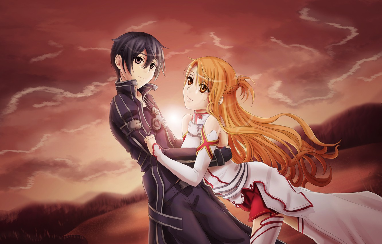 Photo Wallpaper Girl, Anime, Guy, Kirito, Asuna, Sword - Asuna & Kirito - HD Wallpaper 