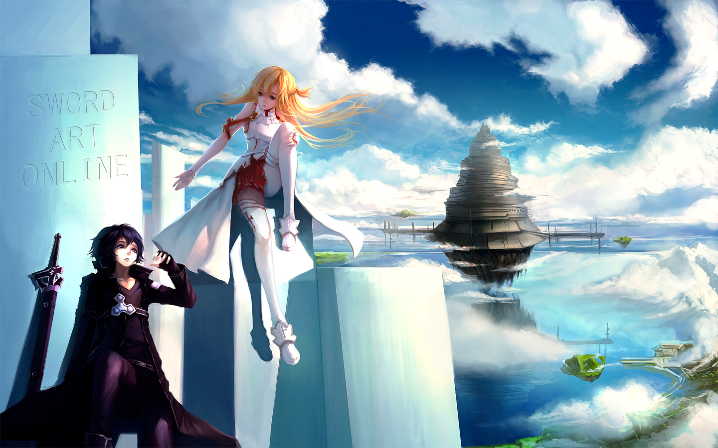 1boy, 1girl, Aincrad, Black Hair, Blonde, Brown Hair, - Kirito Kirigaya Kazuto Asuna Sword Art Online - HD Wallpaper 