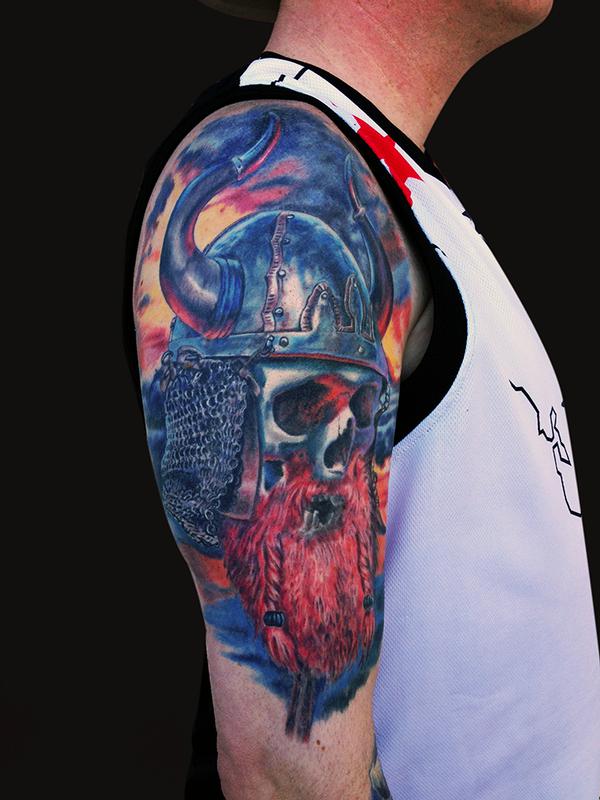 Beautiful Colored Viking Skull Tattoo On Half Sleeve - Viking Skull Tattoo - HD Wallpaper 