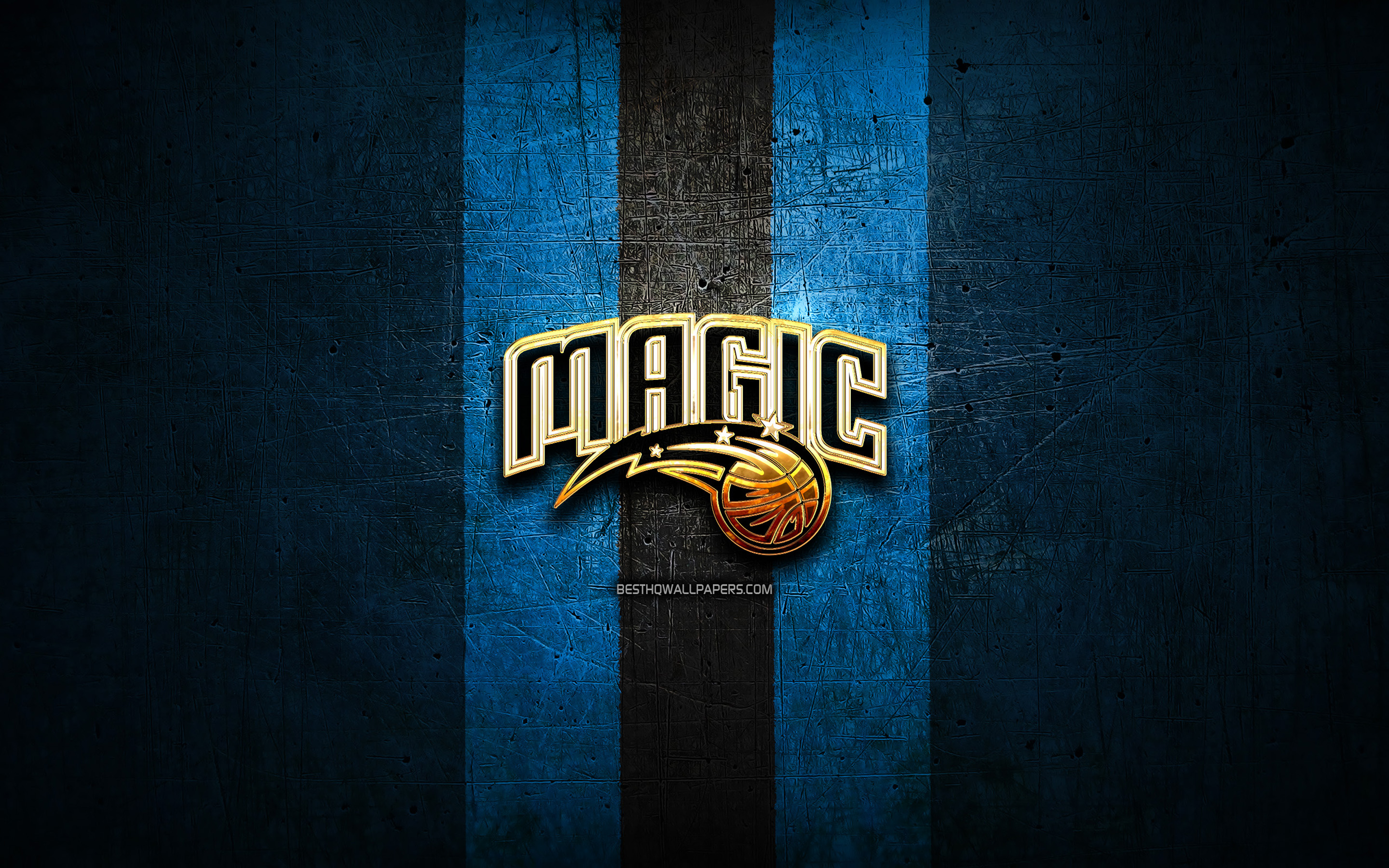 Orlando Magic, Golden Logo, Nba, Blue Metal Background, - Logo Del Orlando Magic - HD Wallpaper 