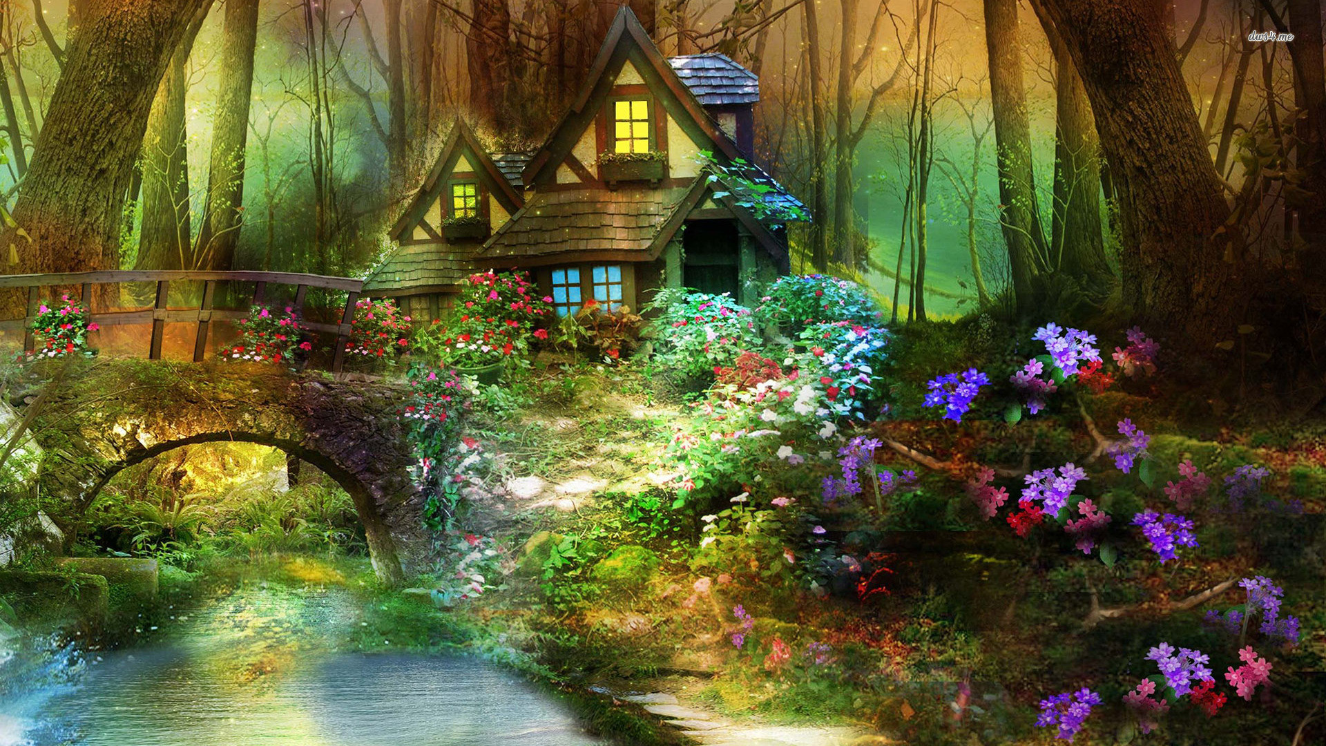 Magical Forest Wallpaper Landscape Nature Wallpaper - Enchanted Forest With House - HD Wallpaper 