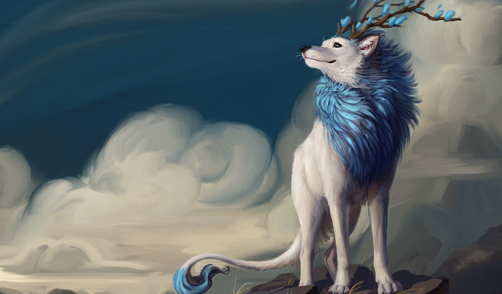 Fantasy Wolf, Smiling, Horns, Clouds, Tail, Creature - Fantasy Wolf - HD Wallpaper 