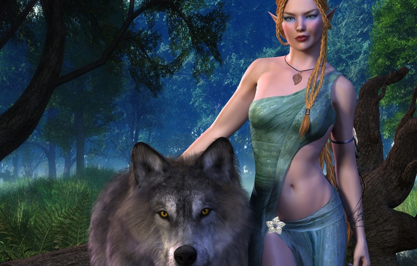 Photo Wallpaper Look, Girl, Fantasy, Wolf - Обои Волк И Девушка - HD Wallpaper 