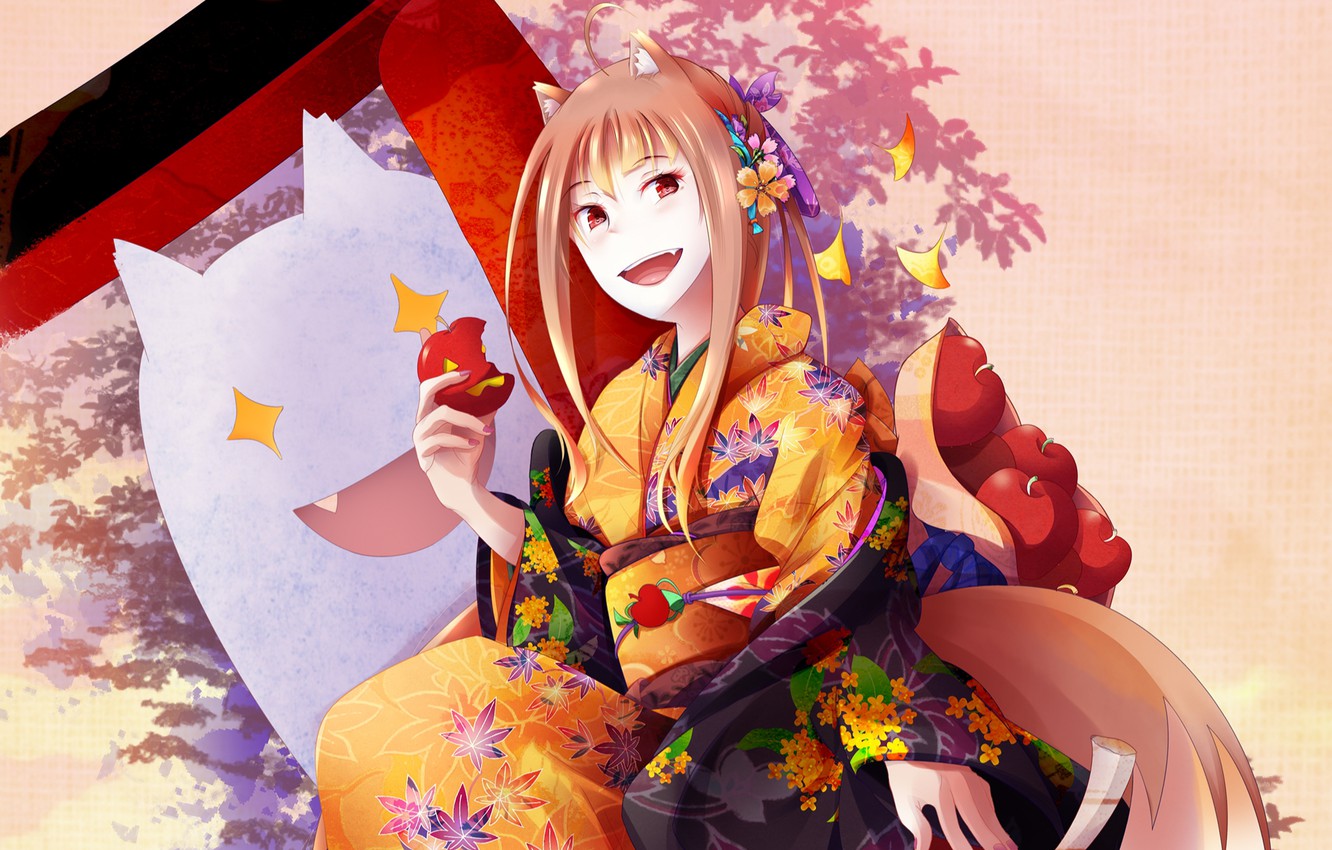 Photo Wallpaper Leaves, Girl, Apples, Spirit, Ghost, - Spice And Wolf - HD Wallpaper 
