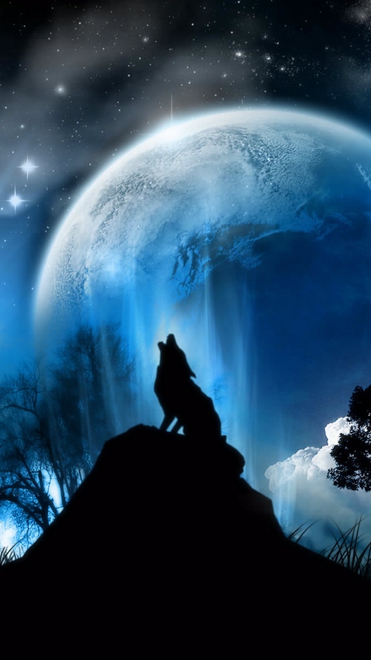 Wallpaper Moonlight, Wolf, Fantasy - Wolf Howling At The Moon Blue - HD Wallpaper 
