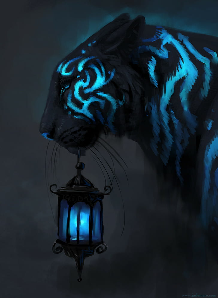 Jade Mere, Tiger, Lantern, Neon, Concept Art, Animals, - Black And Blue Tiger - HD Wallpaper 