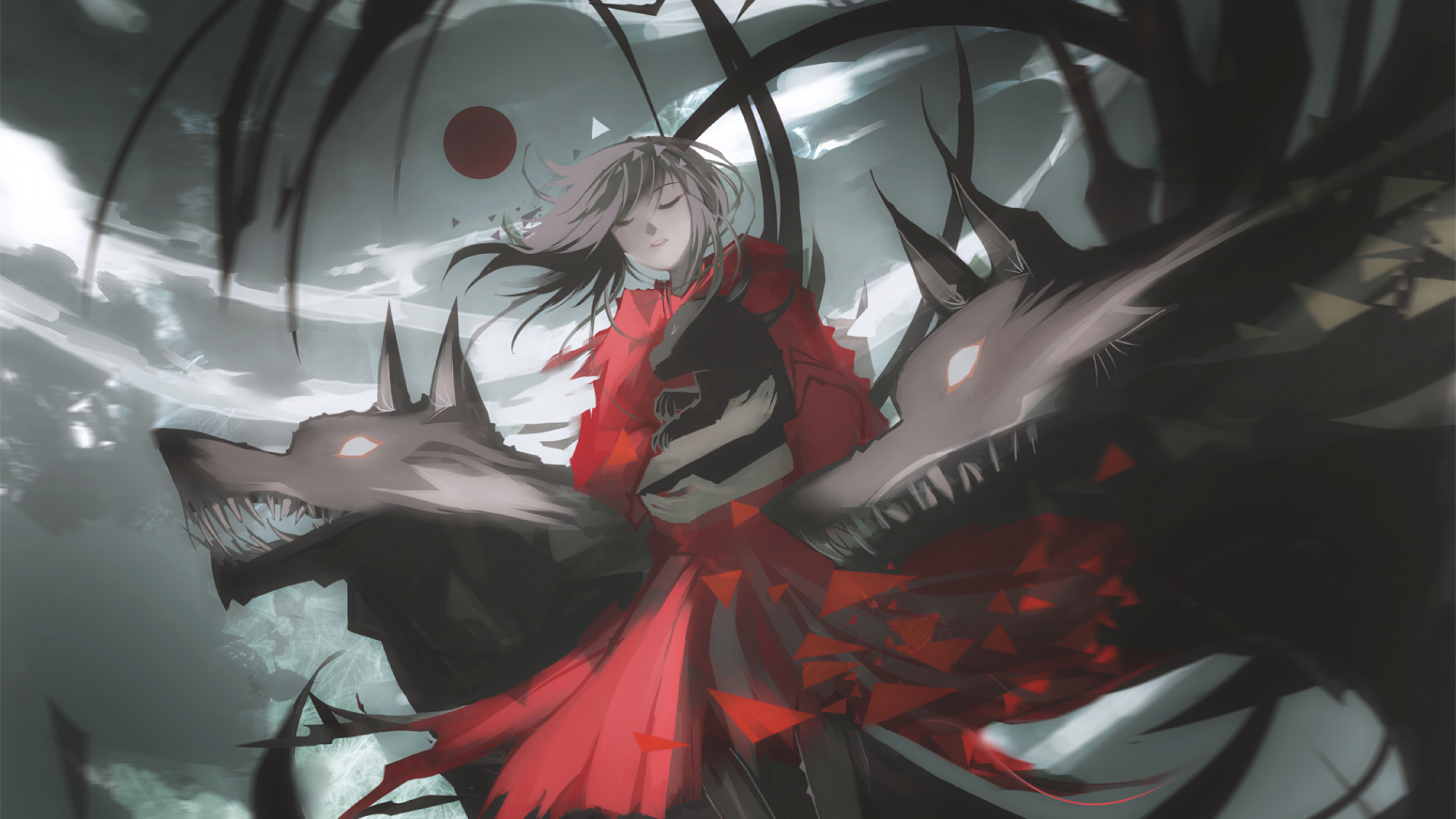 Anime Girl, Red Dress, Clouds, Night, Wolf, Red Moon - Anime Girl Blood Moon - HD Wallpaper 