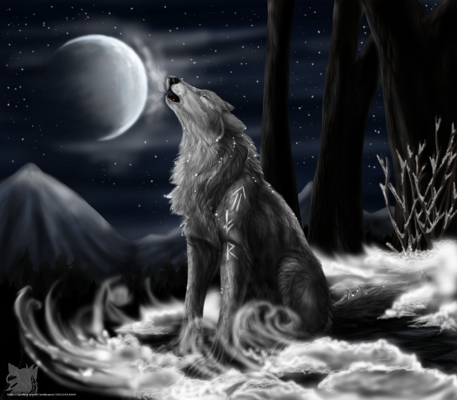 Download Wallpaper Wolf, Moon, Night, Star Free Desktop - Backgrounds For Wolf Drawings - HD Wallpaper 