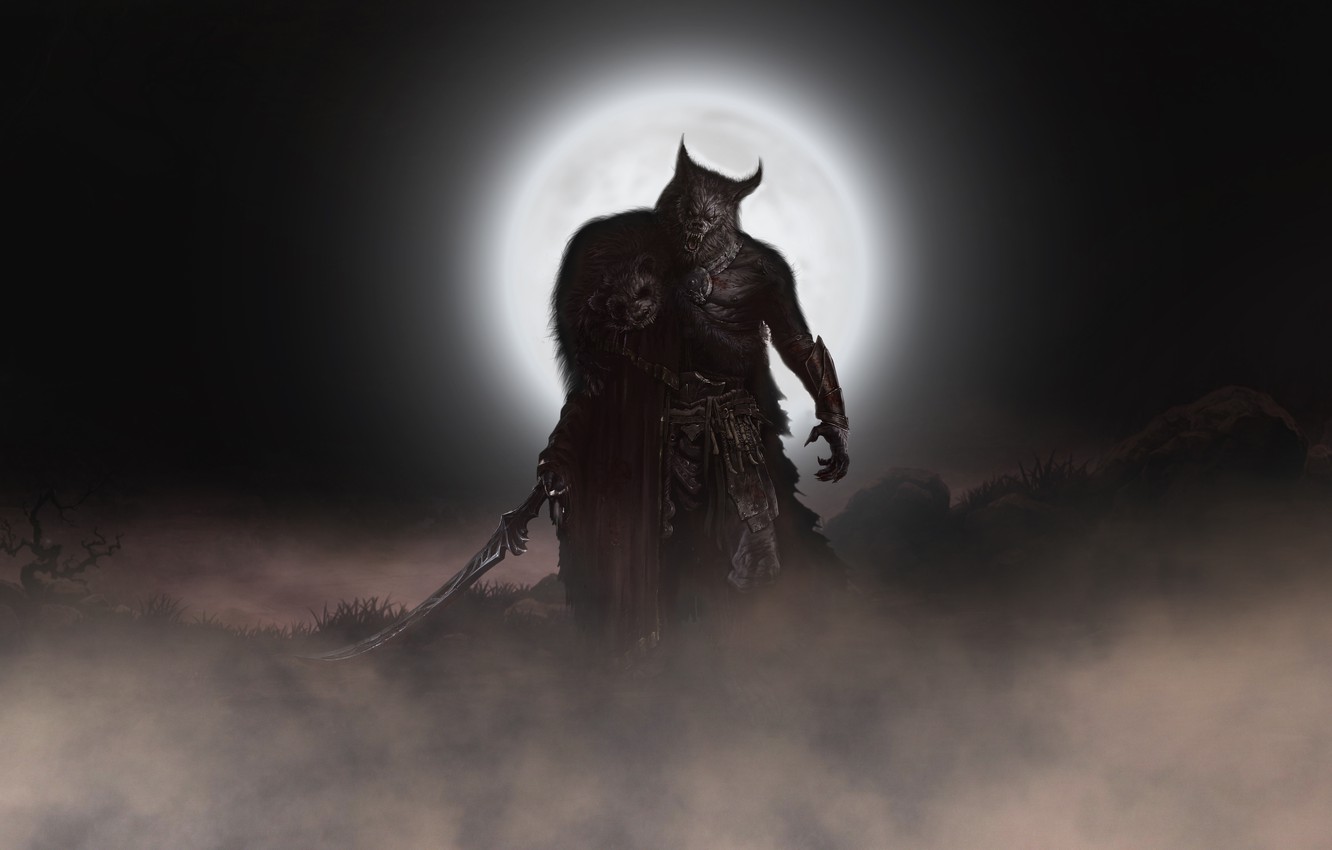 Photo Wallpaper Night, The Moon, Sword, Wolf, Moon, - Character Monster Hunter Dark Fantasy - HD Wallpaper 