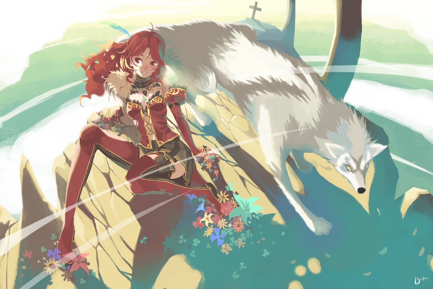 Animal Flowers Red Eyes Red Hair Thighhighs Vofan Wolf - Red Hair Anime With Wolf - HD Wallpaper 