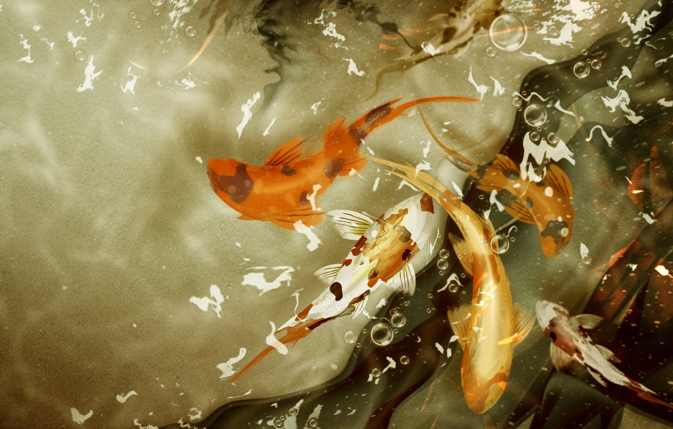 Photo Wallpaper Water, 155, Goldfish - Koi Fishes In Pond Drawing - HD Wallpaper 