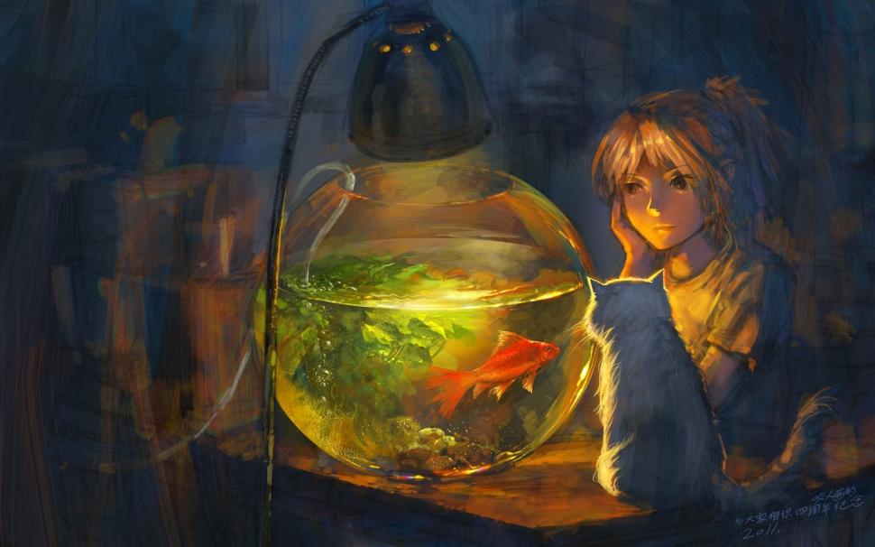 Drawing Goldfish Cat Fish Tank Hd Wallpaper,drawing - HD Wallpaper 