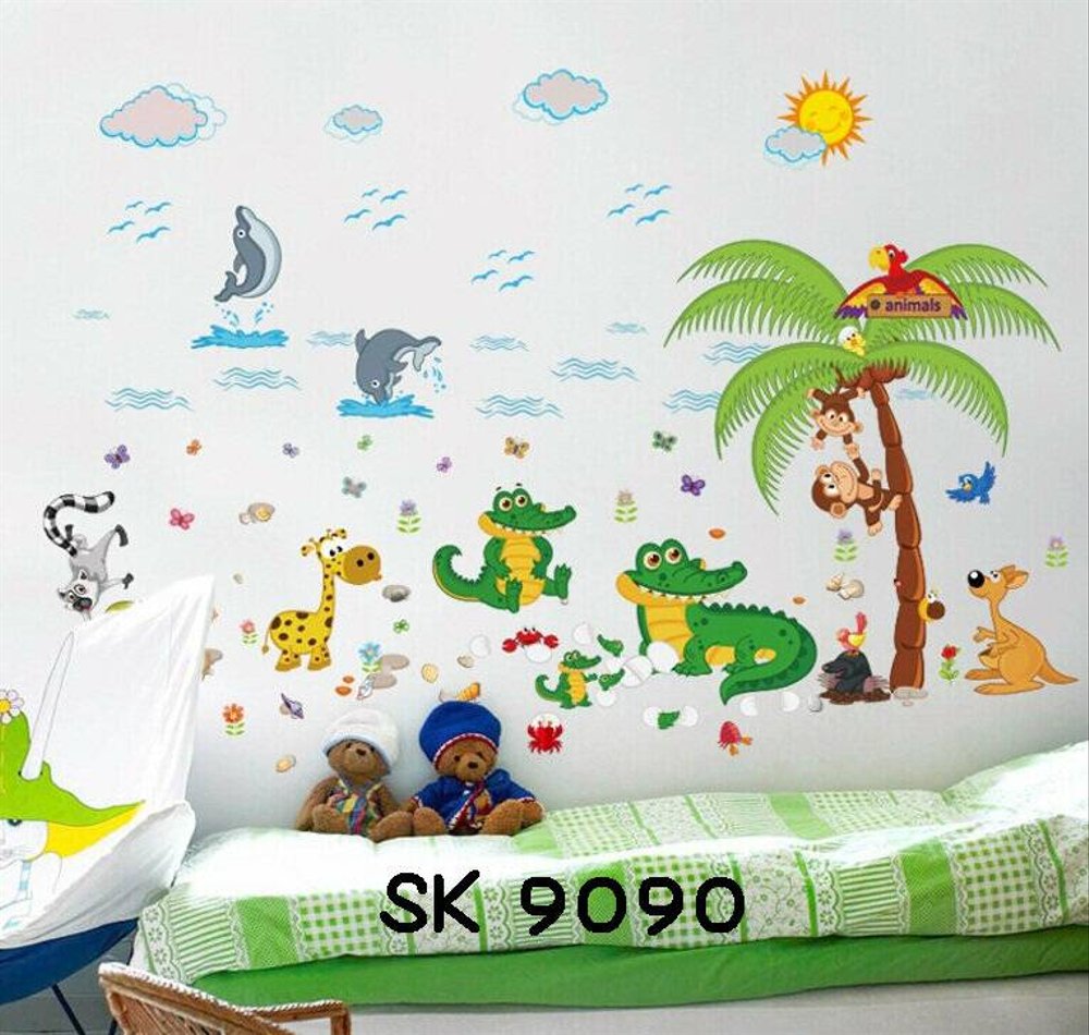 Wall Sticker Kebun Binatang Buaya Pohon Kelapa - Stiker Dinding Anak Binatang - HD Wallpaper 