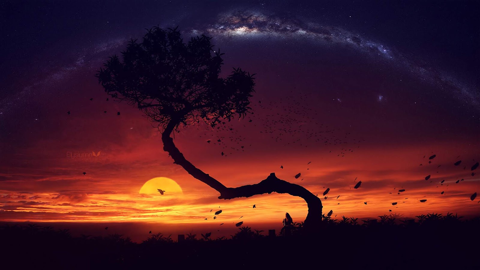 Evening Tree Sunset Artwork - Tree Artwork Alone - HD Wallpaper 